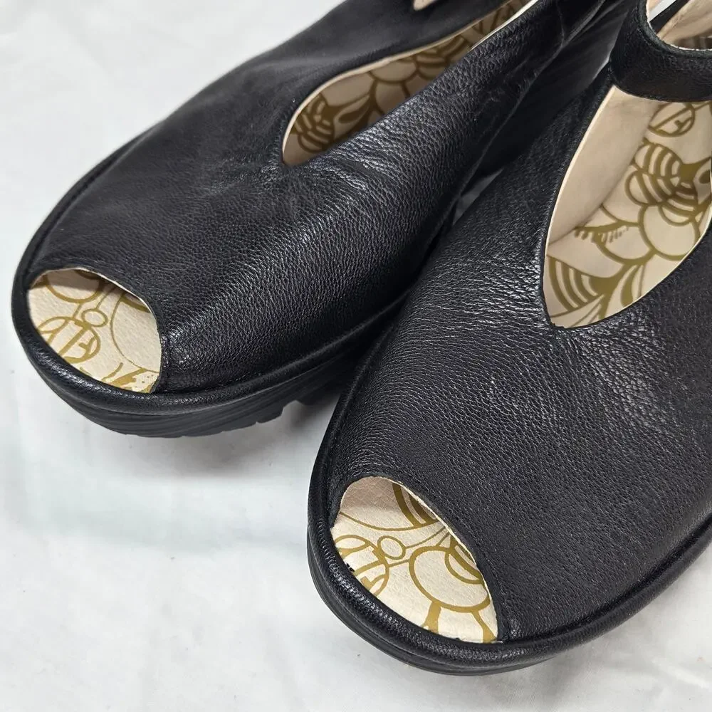 Fly London Yala EU 40 US 9.5 Black Leather Peep Toe Platform Wedge Sandals